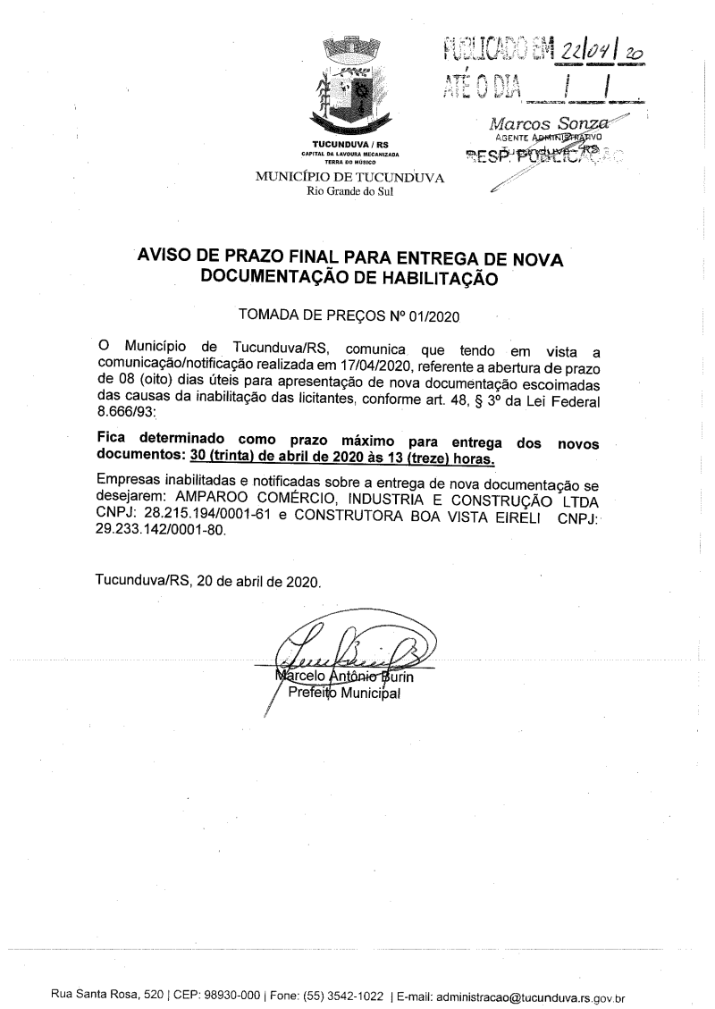 TMP 01/2020 AVISO PRAZO FINAL ENTREGA NOVA DOCUMENT HABILIT